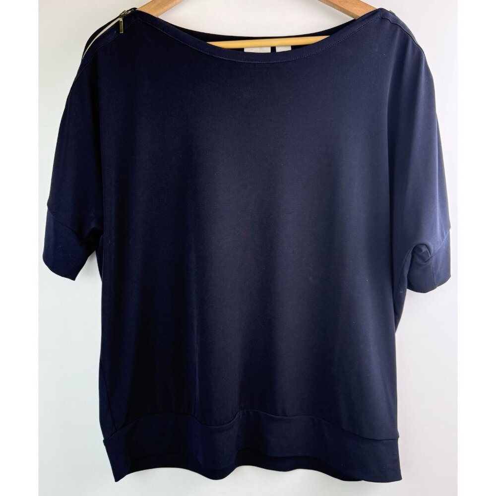 Chico's Traveler Zipper Shoulder Top Blouse Navy Blue‎ Jersey Size 2 (M 10-12)